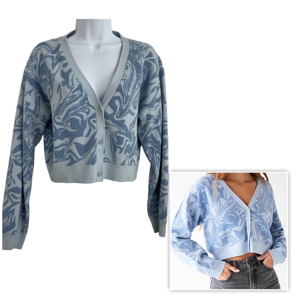 L.A. Hearts Cropped Cardigan Sweater Viscose Blend Women Sz M Light Blue Swirls